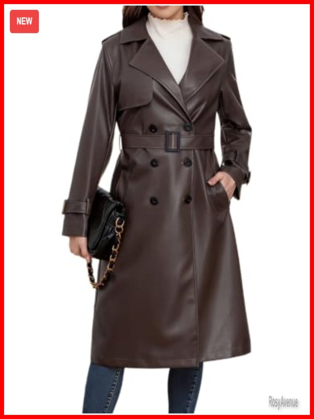 Womens Long Faux Leather Trench Coat Double Breasted Belted Jacket